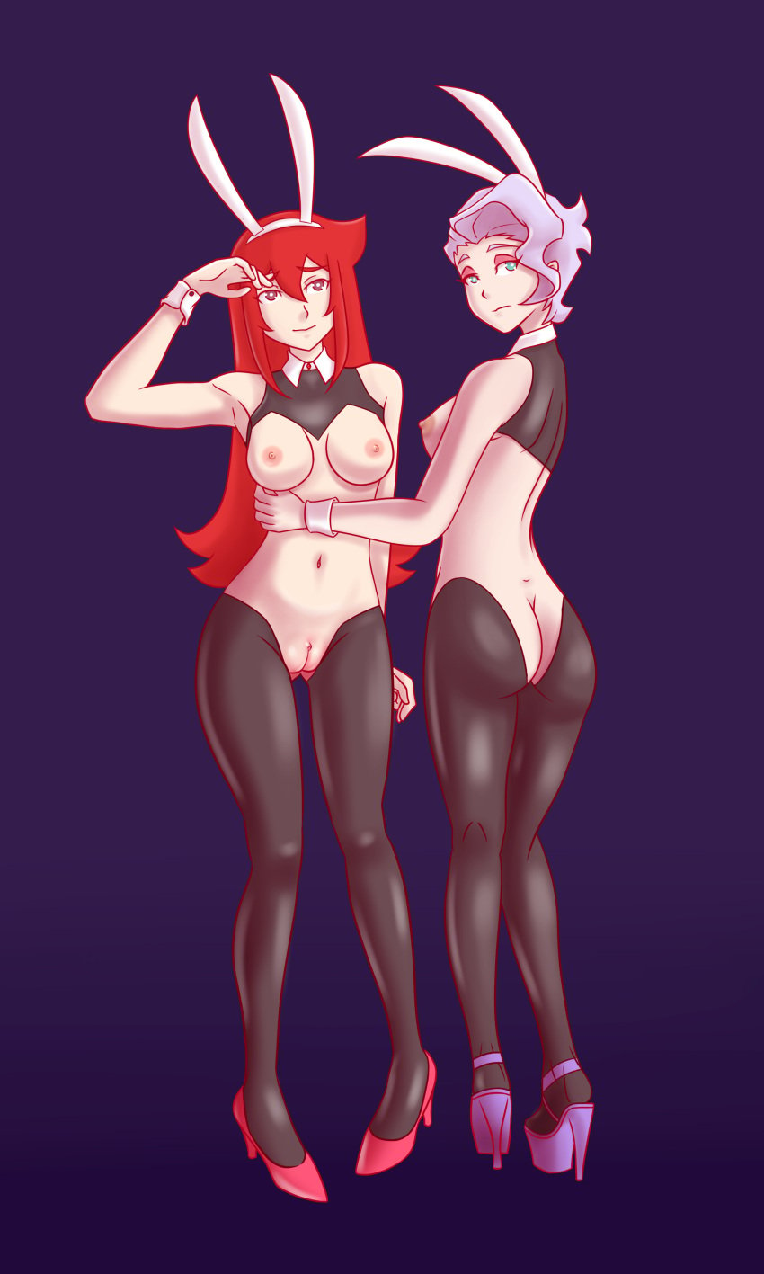 2girls chariot_du_nord croix_meridies female female_only little_witch_academia looking_back pink_hair red_eyes red_hair reverse_bunnysuit shiny_chariot stargazing_ori