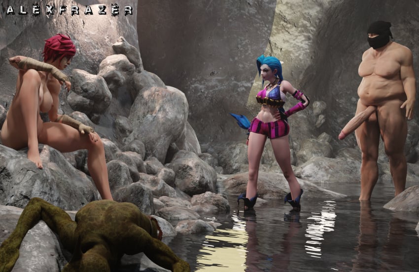 3d alexfrazer barefoot big_penis blue_hair jinx_(league_of_legends) league_of_legends male naked_female naked_male penis pink_hair riot_games vi water