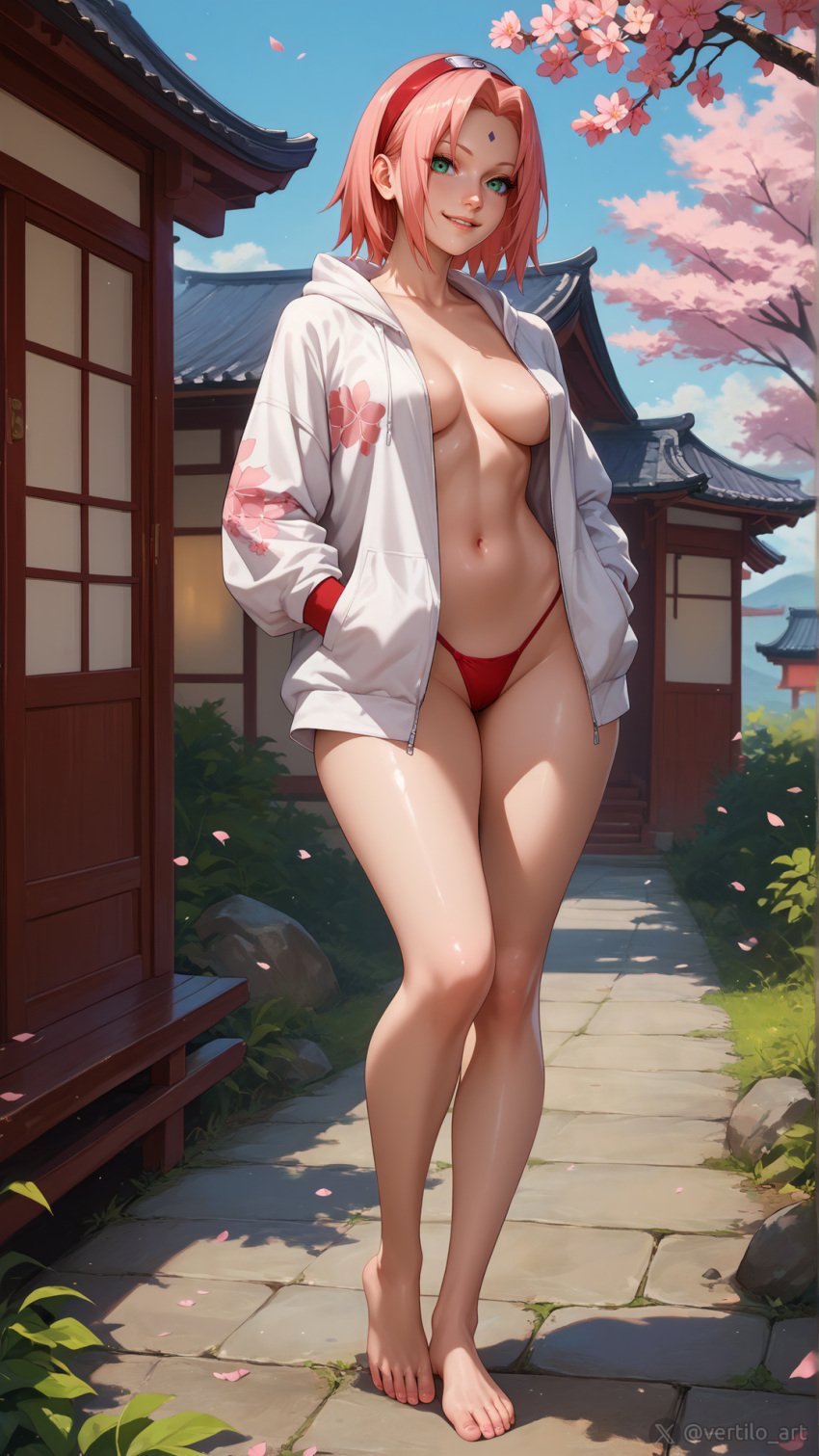 1girls ai_generated feet full_body hands_in_pockets hoodie medium_breasts naruto naruto_(series) open_hoodie red_panties sakura_haruno sideboob standing stomach thong vertiloart