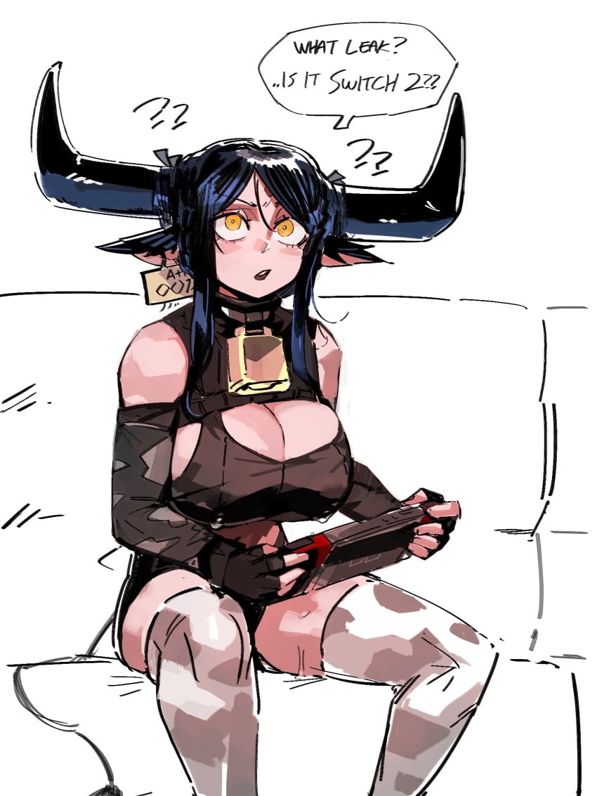 2024 33dot big_breasts black_hair breast_milk cleavage cow_girl horns humor lactation lactation_through_clothes nintendo_switch original_character ox tagme yellow_eyes