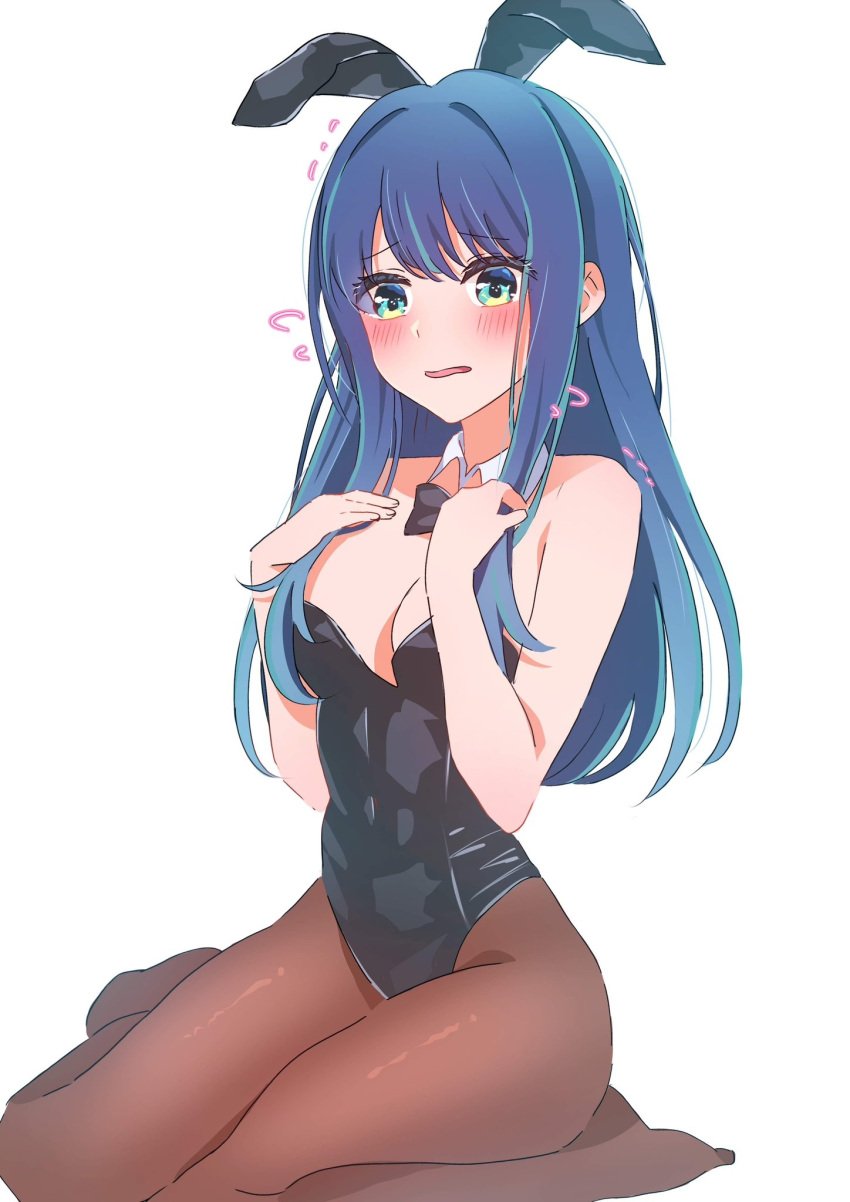 ass_visible_through_thighs bare_arms bare_shoulders belly_button_visible_through_clothing black_leotard blue_eyes blue_hair blush body_blush breasts brown_pantyhose bunny_ears bunnysuit cleavage detached_collar embarrassed feet kurokawa_akane leotard long_hair medium_breasts open_mouth oshi_no_ko pantyhose riluly strapless strapless_leotard thighs