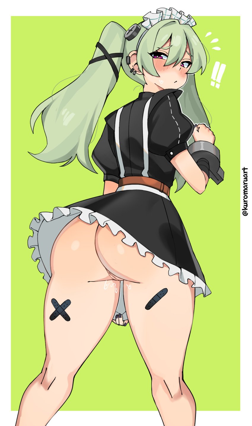 ! !! 1girls absurdres artist_name ass black_nails blush blushing booty closed_mouth corin_wickes cowboy_shot earrings female fingernails from_behind furrowed_brow green_background green_hair hair_between_eyes highres jewelry kuromaruart long_hair looking_at_viewer looking_back maid maid_headdress nail_polish purple_eyes pussy_juice sidelocks simple_background solo sweatdrop twintails uncensored variant_set victoria_housekeeping zenless_zone_zero