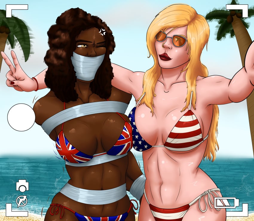 american_flag_bikini bikini blonde_hair bondage bound brown_hair cleavage dark_skin female female_only femsub gag meowitzher outdoors png revealing_clothes sunglasses tape tape_gag tinted_eyewear