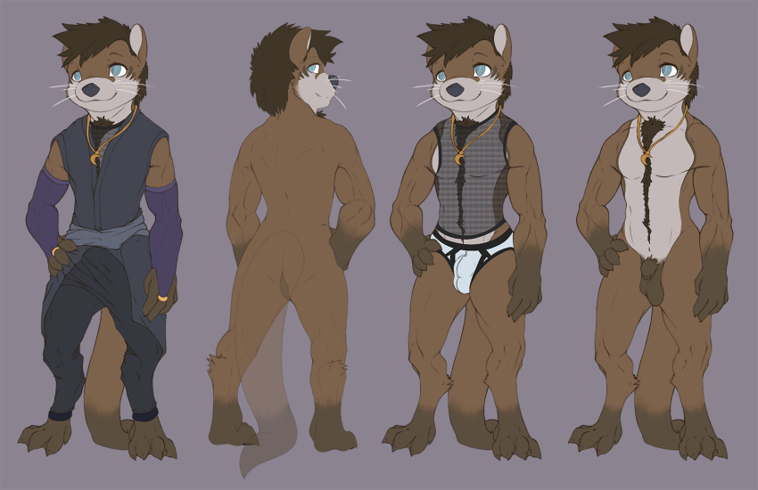 1boy armwear athletic barefoot briefs bulge clothed clothing digital_media_(artwork) digitigrade fishnet flaccid flat_colors floorninja front_view fully_clothed furry hand_on_hip looking_at_viewer looking_back male male_only mammal model_sheet multiple_versions mustelid nude original_character otter pendant penis rear_view sagging_balls solo standing testicles uncut underwear whiskers