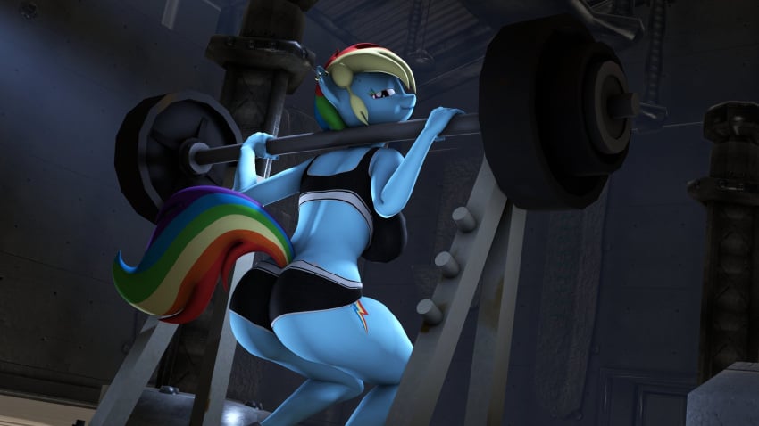 3d 3d_(artwork) anthro ass athletic athletic_anthro athletic_female blue_body blue_skin equid equine female friendship_is_magic hasbro jkosmat my_little_pony pegasus rainbow_dash_(mlp) rainbow_hair source_filmmaker wings working_out