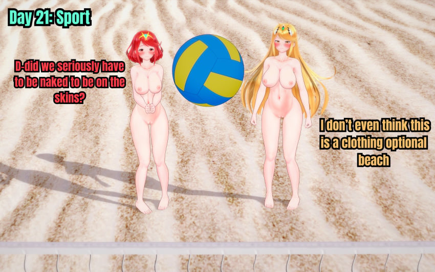 2girls 3d barefoot beach beach_volleyball blonde_hair blush breasts completely_nude completely_nude_female embarrassed_nude_female female female_only human human_only koikatsu light-skinned_female light_skin long_hair multiple_girls mythra mythra_(xenoblade) navel nipples nude nude_female pussy pyra pyra_(xenoblade) red_hair retropunch senftember senftember_(2024) short_hair volleyball volleyball_(ball) volleyball_net xenoblade_(series) xenoblade_chronicles_(series) xenoblade_chronicles_2