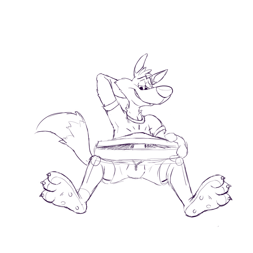 anthro barefoot bulge canine chip_the_wolf cookie_crisp delirost erection food front_view hi_res male male_only mammal mascot monochrome open_pants penis pinup pizza poking_out pose rubbing_head short simple_background sitting sketch solo spread_legs spreading white_background wolf