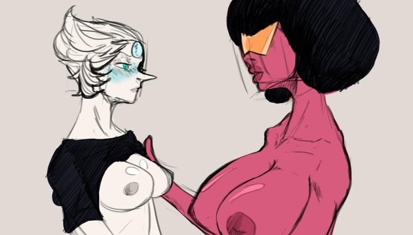 2girls big_breasts big_nipples blush boobs_bigger_than_head boobs_out breasts breasts_bigger_than_head breasts_out breasts_out_of_clothes clothes_lift female female/female female_only forehead_jewel garnet_(steven_universe) huge_boobs huge_breasts lesbian_couple nipple_bulge nipples pearl_(steven_universe) red_skin self_upload shirt_lift steven_universe steven_universe:_the_movie steven_universe_future tanukey tits_bigger_than_head tits_out white_skin work_in_progress yuri