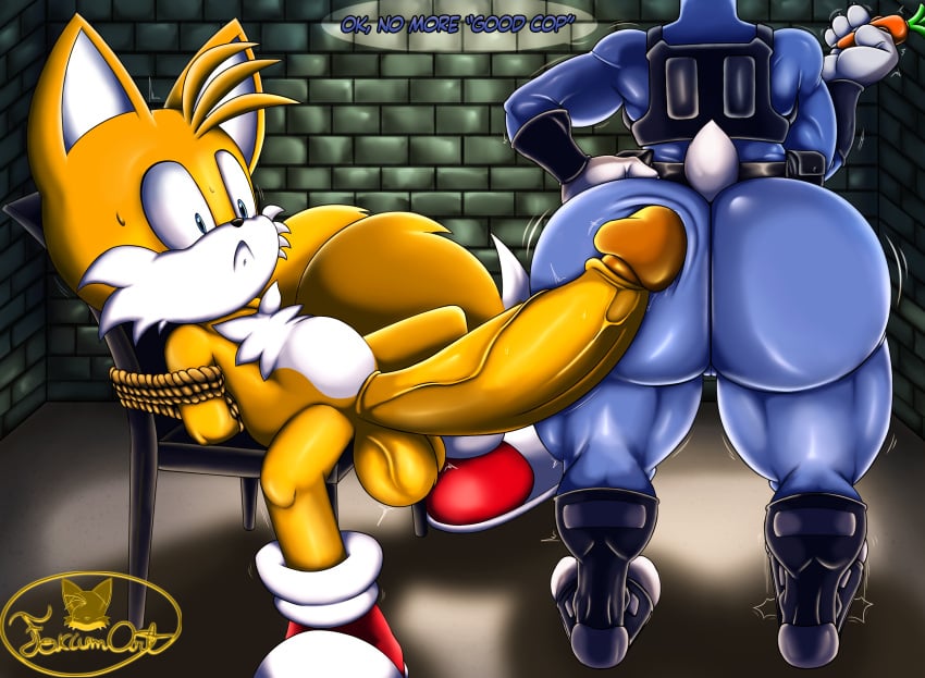 ass big_ass big_butt big_penis bunny crossover eastern_and_western_character exposed_torso female footwear foxiumart handwear judy_hopps male policewoman sonic_(series) tails tails_the_fox thighs zootopia