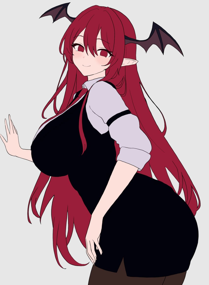 1girls 2d bending_forward big_breasts blush breasts female grey_background hips koakuma long_hair looking_at_viewer moriforest1040 necktie pantyhose pointy_ears red_eyes red_hair rolled_up_sleeves sketch skirt smile solo source succubus touhou vest wide_hips wings_on_head