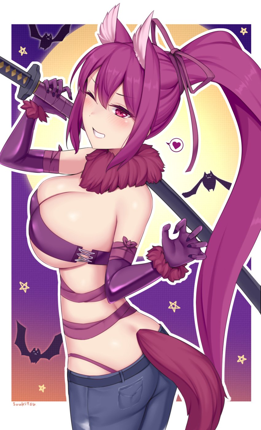 1girls ass bat bra breasts butt female_focus female_only gloves halloween heart japanese jeans katana large_breasts latex_gloves looking_at_viewer panties pants ponytail samurai soukitsu sword tail thong under_night_in-birth wink winking_at_viewer yuzuriha_(under_night_in-birth)