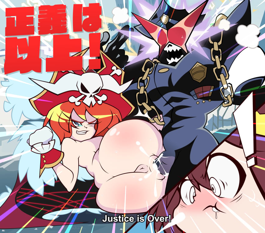 1boy 2girls anus blue_eyes blush breasts brown_hair cum cum_in_mouth english_text fat_ass glasses huge_ass lalaco_godspeed luluco mrcbleck orange_hair over_justice sex skull skull_head space_patrol_luluco text uchuu_patrol_luluco