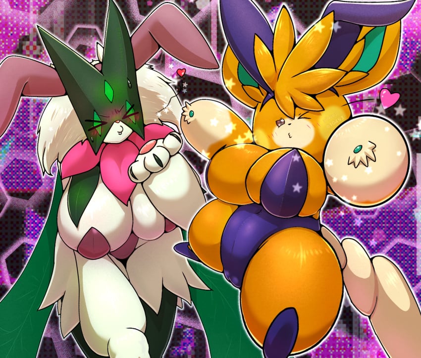 3_fingers 5_fingers absurd_res anthro big_breasts black_nose blush bodily_fluids breasts bunny_costume camel_toe claws closed_eyes clothing costume duo ebino_senaka fake_ears fake_rabbit_ears female fingers footwear frill_(anatomy) fur generation_9_pokemon green_body green_fur green_inner_ear heart_symbol hi_res kissy_face mask meowscarada navel_outline neck_frill nintendo one_eye_closed orange_body orange_ears orange_fur pawmot pawpads paws pink_nose pokemon pokemon_(species) shoes sweat sweatdrop tail white_body white_fur white_tail