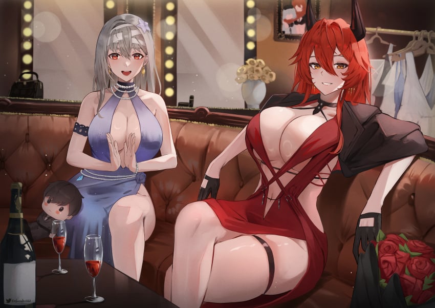 2girls :d alcohol alternate_costume bare_shoulders bead_bracelet bead_necklace beads black_choker black_gloves blush bottle bracelet breasts choker cleavage clothing_cutout commander_(nikke) couch crossed_legs cup doll dress earrings elvandec female flower gloves goddess_of_victory:_nikke grey_hair hair_ornament horns indoors jewelry large_breasts looking_at_viewer marian_(nikke) modernia_(nikke) multiple_girls navel necklace official_alternate_costume open_mouth parted_lips purple_dress red_dress red_eyes red_flower red_hair red_hood_(nikke) red_hood_(nonsense_red)_(nikke) red_rose red_wine rose sitting smile smiling_at_viewer snow_white_(nikke) thigh_strap thighs wine wine_bottle wine_glass