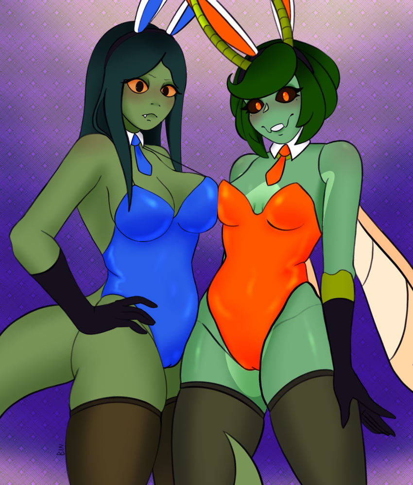 2girls antennae big_breasts black_sclera blue_bunnysuit bob_cut breast_press bunny_ears bunnysuit down_angle frog_girl gloves green_hair green_skin hand_on_hip headband insect_girl insect_wings long_hair looking_at_viewer oerba_yun_fang orange_bunnysuit orange_eyes original_character purple_background small_breasts tail thick_thighs thighhighs tie tie_collar wings