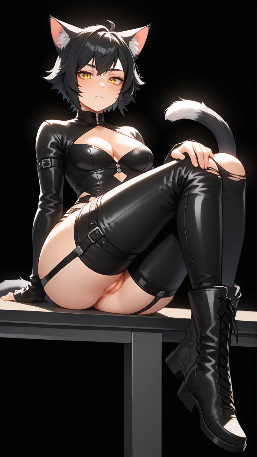 ai_generated ass bankonit black_hair boots bottomless cat_ears catgirl cleavage dark_background garter_straps knees_up leather leather_boots leather_clothing leather_pants leather_topwear original_character pussy short_hair sitting smile stable_diffusion straps tail yellow_eyes