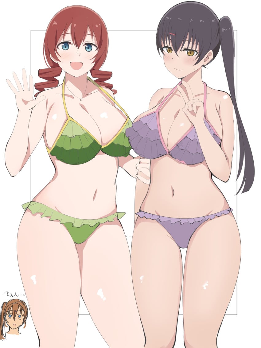 3girls akamine_ten alternate_body_type bikini character_request closed_mouth curvy emma_verde frilled_bikini green_bikini huge_breasts love_live! love_live!_nijigasaki_high_school_idol_club multiple_girls open_mouth plump purple_bikini smile sweatdrop thick_thighs v voluptuous waving wewe wide_hips