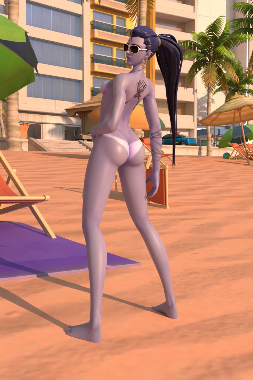 1girls 3d absurd_res amelie_lacroix ass beach big_ass big_butt blizzard_entertainment blue_body blue_skin curvy female female_focus female_only hi_res highres legs missing_meta overwatch purple_hair solo sunglasses tattoo tinted_eyewear widowmaker