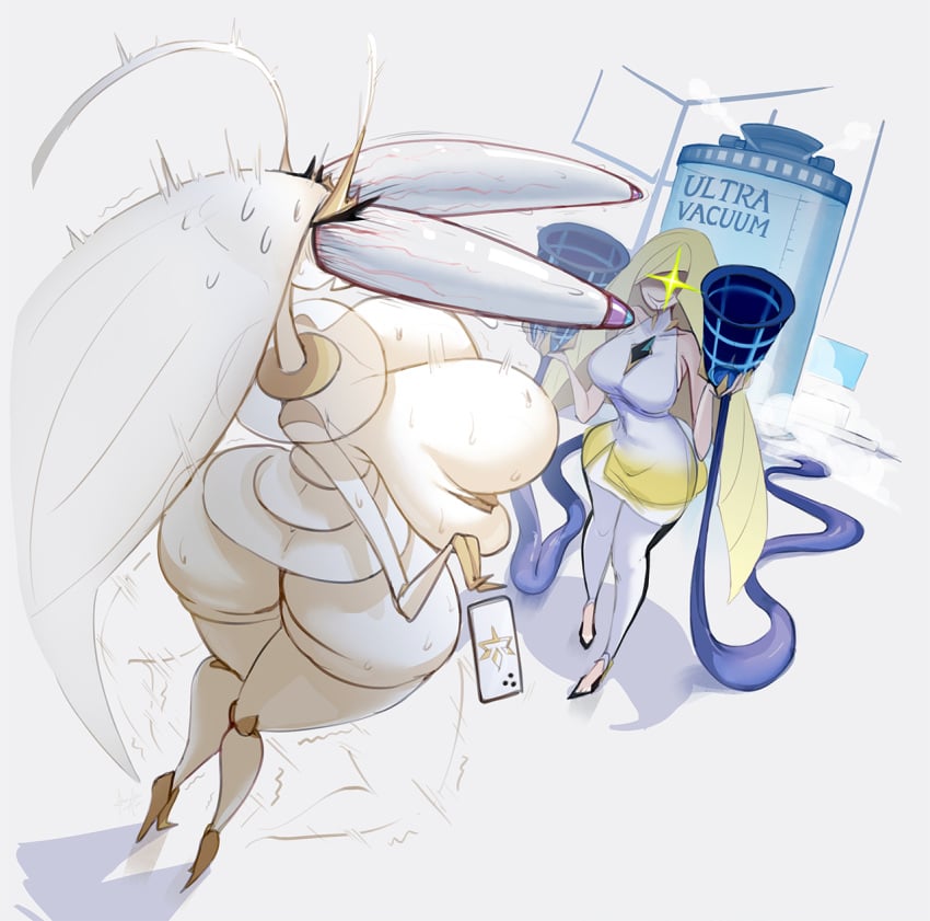 acrylictoon antennae_(anatomy) anthro arthropod big_breasts blattodea blonde_hair breasts cellphone cockroach digital_media_(artwork) electronics eyes_popping_out female female/female generation_7_pokemon hair hi_res huge_breasts imminent_milking insects lusamine_(pokemon) machine milking_machine nintendo pheromosa phone pokemon pokemon_(species) smartphone ultra_beast wild_take