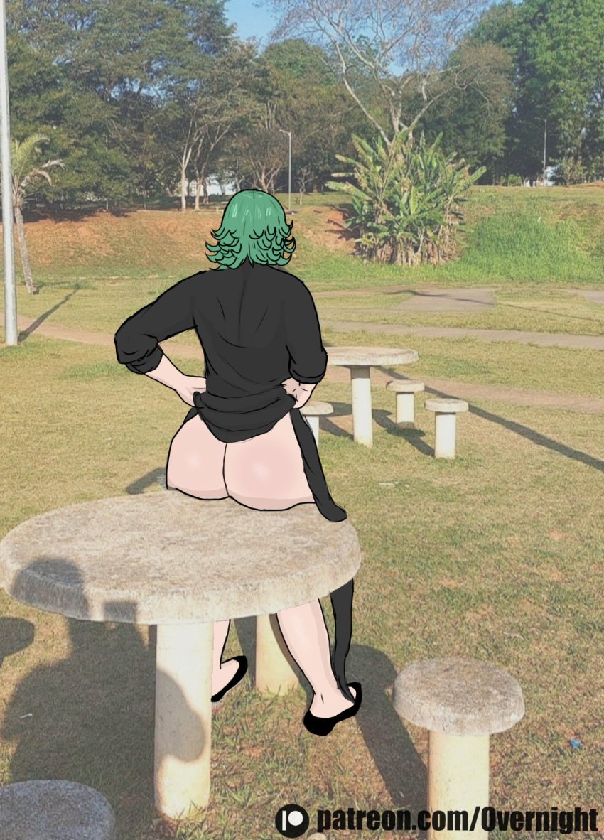 1girls artist_name artist_signature ass ass_focus ass_up back_view background big_ass big_butt female female_only green_hair half-dressed half_naked no_panties on_table overnight real_life real_life_background sitting_down solo table tatsumaki tatsumaki_(one-punch_man) thick_ass thick_legs white_skin