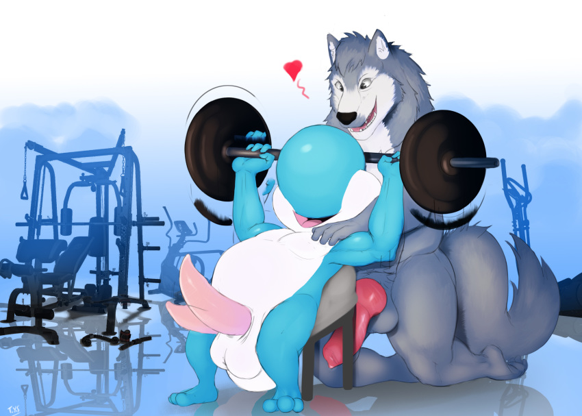 2boys animal_genitalia animal_penis anthro balls barbell big_penis bouncing_penis canine canine_penis cyan_yoshi diphallia diphallism duo elliptical_trainer erection exercise genital_slit gym heart hemipenes kneeling knot male male_only mammal mario_(series) multi_penis multiple_boys nintendo nude open_mouth penis scalie seyrmo sharp_teeth sheath slit smile tapering_penis teeth video_games weight_machine weightlifting weights wolf workout yaoi yoshi