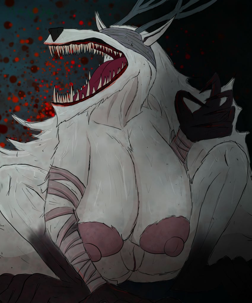 absurd_res anthro antlers areola bandage bandage_on_face big_areola big_breasts big_nipples big_tongue black_body black_fur black_nose blindfold blindfold_only blood bloodborne bodily_fluids breasts canid canine canis claws creepy_face crouching dirt dirty eldritch_abomination eldritch_being fangs feet female fluffy fromsoftware fur genitals grey_body grey_fur hair hi_res horn horror_(theme) huge_areola huge_breasts huge_nipples long_hair m4n mammal monster montgomery_glands mythological_canine mythological_creature mythology nipples pussy scary skinny solo sony_corporation sony_interactive_entertainment teeth tongue vicar_amelia were werecanid werecanine werewolf white_body white_fur white_hair wolf