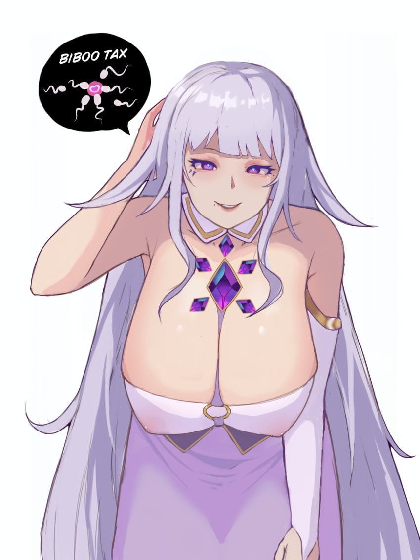 alternate_version_available big_breasts cleavage hololive hololive_english hololive_english_-advent- koseki_bijou mature_female mature_woman purple_eyes purple_hair text text_bubble transformation virtual_youtuber