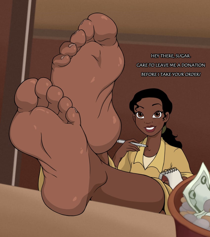 absurdres black_hair brown_eyes dark-skinned_female dialogue disney disney_princess feet feet_together female_focus foot_fetish foot_focus high_resolution money murati2882 notepad princess_tiana restaurant smiling_at_viewer soles the_princess_and_the_frog tiana tip_jar tired_eyes toes two_tone_feet waitress yellow_clothing