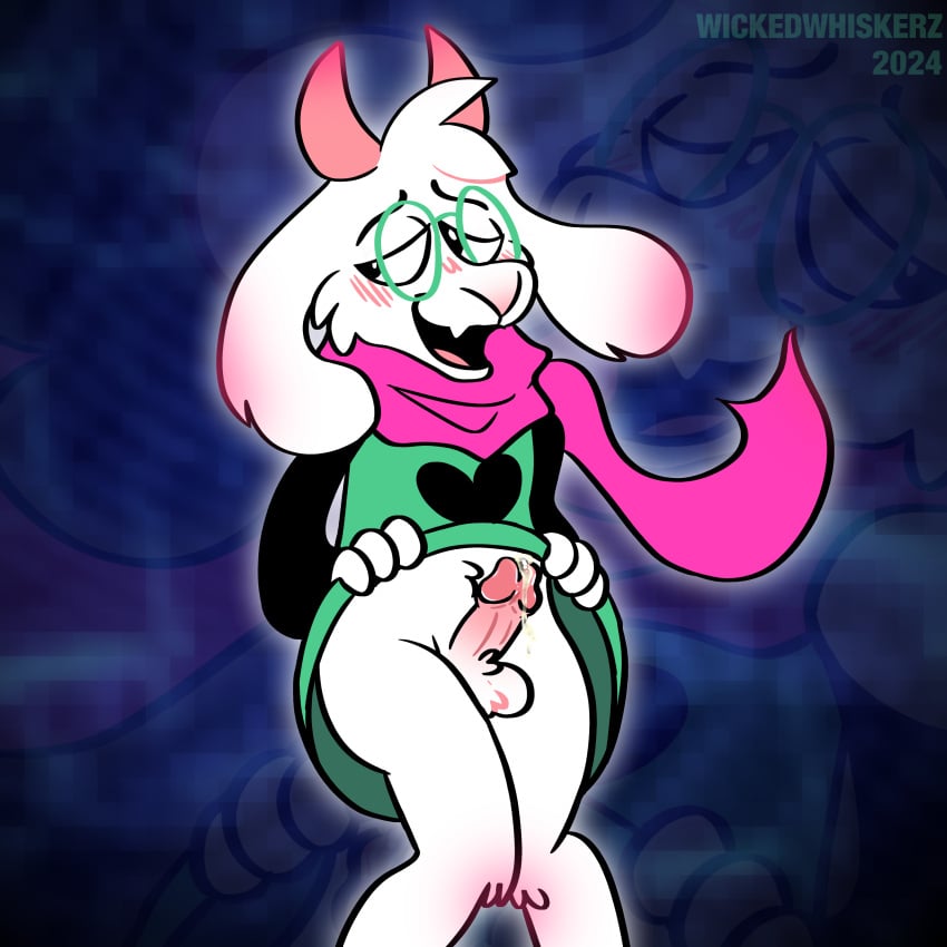 absurd_res anthro blush bodily_fluids bottomwear bovid caprine clothed clothing clothing_lift crossed_legs cum deltarune dress dress_lift erection genital_fluids genitals goat hi_res male male_only mammal open_mouth penis ralsei ralsei_with_white_fur scarf skirt skirt_lift solo solo_focus undertale_(series) wickedwhiskerz