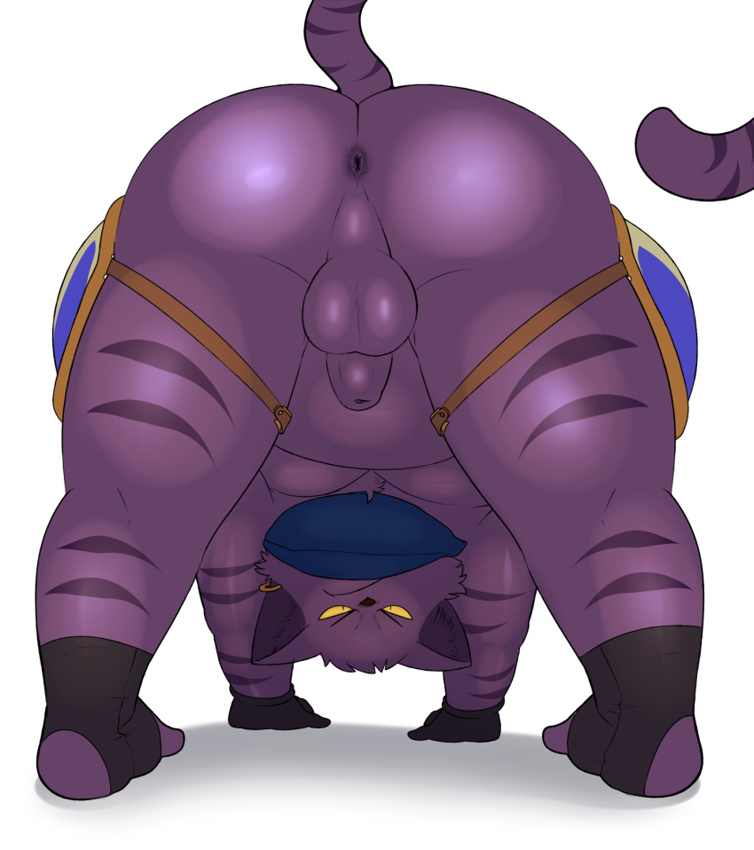 all_fours anthro anus armor ass backsack balls belly big_belly eroborus feline flaccid hi_res leliel looking_at_viewer looking_through_legs male male_only mammal mostly_nude naughty_face obese overweight overweight_male penis perineum presenting purple_balls raised_tail rear_view simple_background solo unconvincing_armor uncut white_background