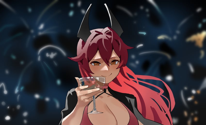 1girls alcohol black_jacket breasts choker cleavage dress female female fireworks goddess_of_victory:_nikke horns jacket jacket_on_shoulders looking_at_viewer mechanical_horns movie_reference night night_sky official_alternate_costume red_dress red_hair red_hood_(nikke) red_hood_(nonsense_red)_(nikke) smiling solo the_great_gatsby toasting upper_body upper_body_only wge wine_glass yellow_eyes