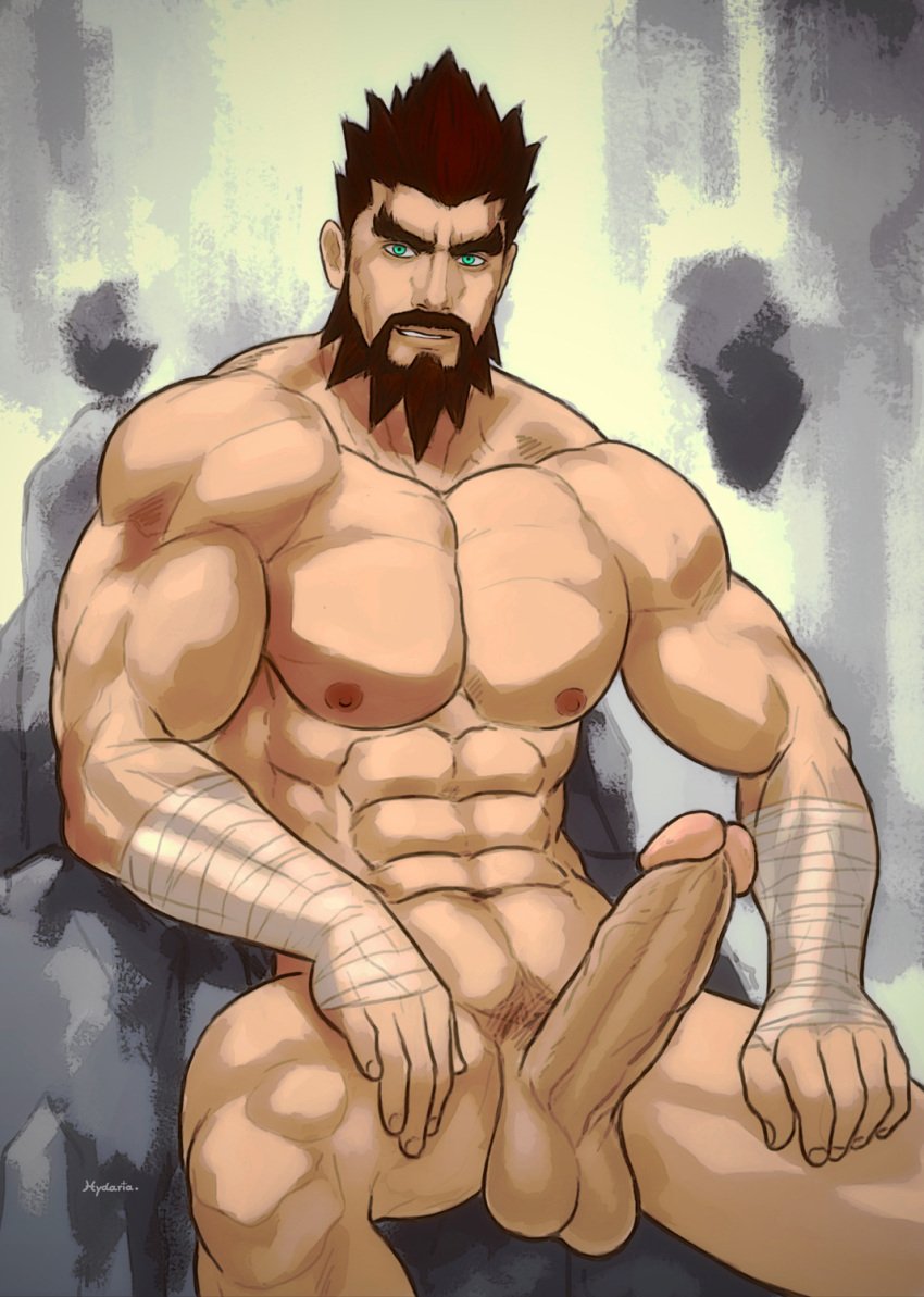 1boy abs bara color erection human hydaria league_of_legends male male_only muscle nude pecs penis presenting short_hair simple_background sitting solo spirit_guard_udyr testicles udyr uncensored