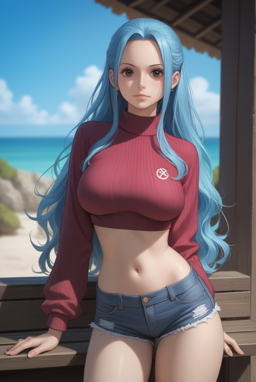 ai_generated black_eyes blue_hair breasts female female_only hair midriff navel nefertari_vivi one_piece robinlover tagme