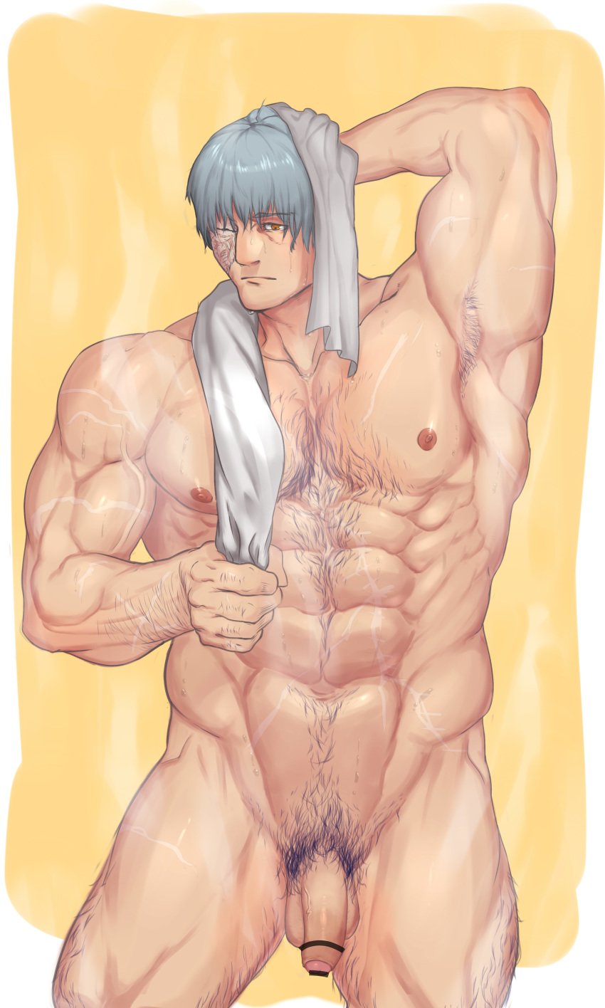 1boy abs bara body_hair flaccid foreskin human human_only male male_only muscular nude penis ponkotsu scar solo steam towel wet