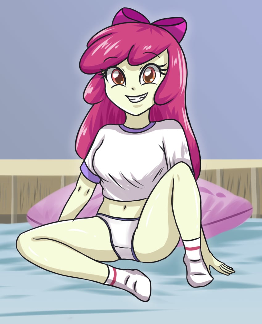 1girls apple_bloom_(mlp) equestria_girls female friendship_is_magic in_bed my_little_pony panties pillow shirt sitting smile socks solo sumin6301 t-shirt thighs underwear