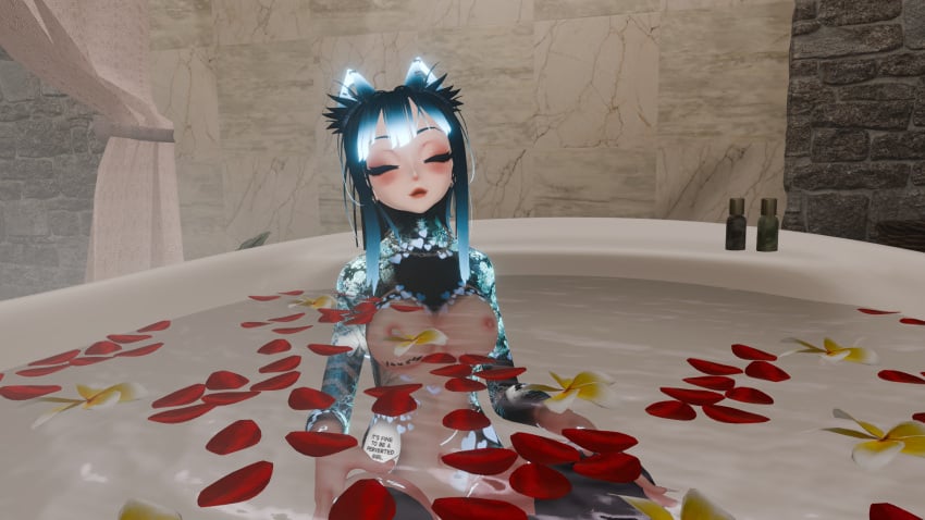 awonsfw bath bathing bathroom bathtub black_eyes black_hair blue_eyes blue_hair cat_ears flower flower_petals flowers full_body fully_nude heart nude nude_female tattoo tattooed_arm tattoos tattoos_everywhere vrchat vrchat_avatar vrchat_media vrchat_model