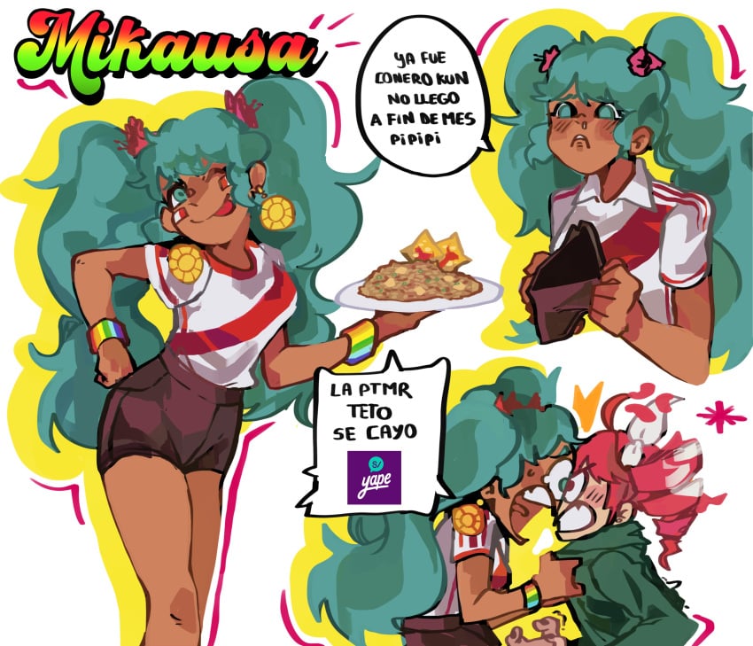 1girls dark-skinned_female earrings food green_eyes hatsune_miku holding_plate latina peruvian_female peruvian_miku shorts smile sole_female solo solo_focus t-shirt wink winking_at_viewer