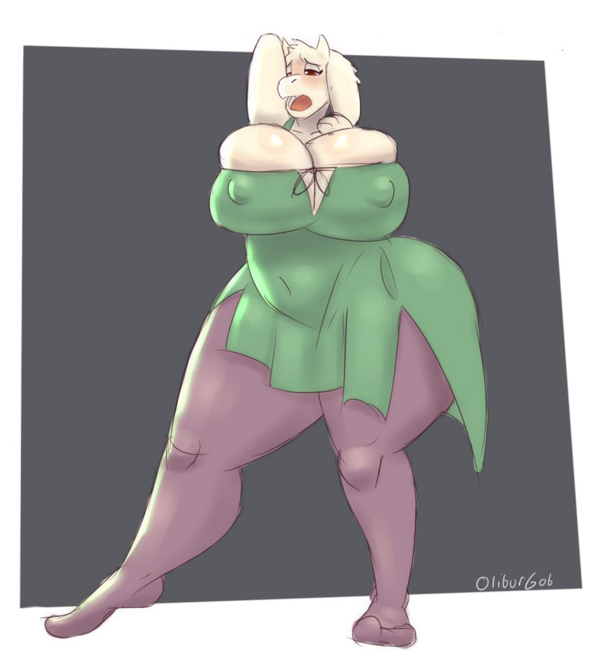 anthro belly big_breasts blush bovid breasts caprine cleavage cleavage_overflow clothed clothing dress female goat hi_res huge_breasts legwear mammal nipple_outline oliburgob open_mouth overflowing_breasts pantyhose pinup pose solo thick_thighs tight_clothing toriel undertale_(series)