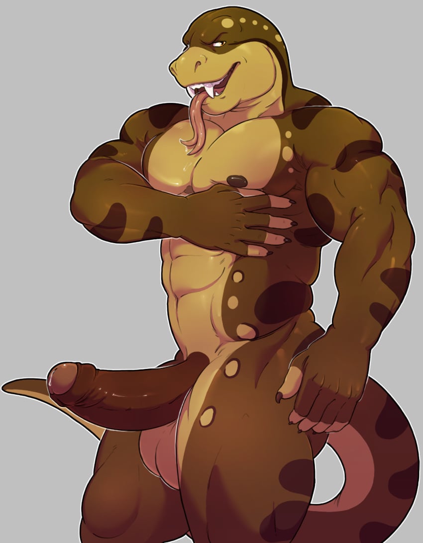 1boy 2017 5_fingers abs anaconda anthro balls bara biceps big_penis biped black_claws brown_nipples brown_penis brown_scales brown_tail claws countershade_face countershade_tail countershade_torso countershading david_kristoff digital_media_(artwork) erection fangs fingerless_(marking) forked_tongue grey_background hi_res humanoid_penis knuxlight long_tail long_tongue looking_at_viewer male male_only multicolored_scales multicolored_tail muscular muscular_male nipples nude open_mouth orange_eyes partially_retracted_foreskin pecs penis pepsi_(fa) pink_tongue portrait precum reptile scales scalie side_view simple_background snake snout solo standing tan_balls tan_countershading tan_scales tan_tail teeth thick_penis three-quarter_portrait tongue tongue_out uncut