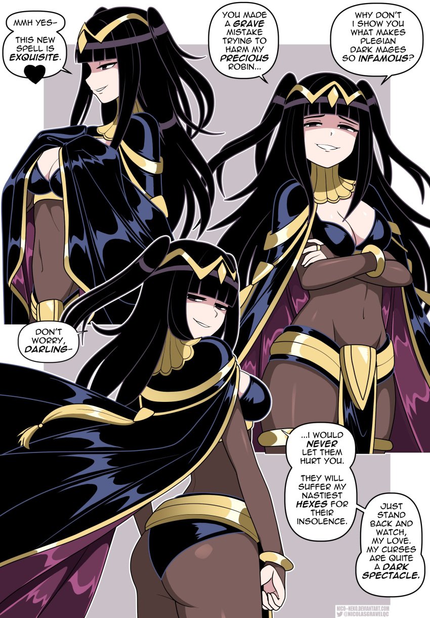 1girls absurdres arm_at_side artist_name ass black_bridal_gauntlets black_cape black_hair blunt_bangs bodystocking breasts bridal_gauntlets cape circlet cleavage comic covered_navel crossed_arms english_commentary english_text female fire_emblem fire_emblem_awakening grin half-closed_eyes hand_on_own_hip highres long_hair medium_breasts multiple_views nico-neko nicolasgravelqc purple_cape purple_eyes raised_eyebrows see-through_bridal_gauntlets shaded_face smile speech_bubble tharja_(fire_emblem) tiara twitter_username two-tone_cape