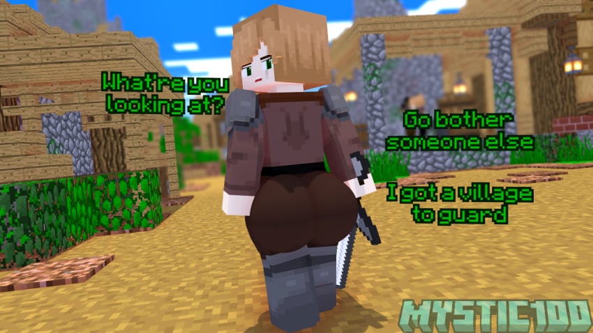 1girls 3d annoyed ass ass_focus big_ass big_booty big_butt booty butt_focus dialogue elysia_the_guard_villager huge_ass huge_booty huge_butt looking_at_viewer looking_back looking_back_at_viewer mine-imator minecraft mystic100 solo solo_female sword talking_to_viewer villager_(minecraft)