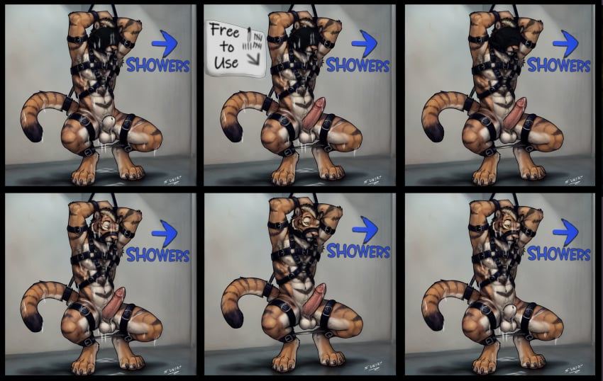 anthro bondage bondage bound felid heavy_bondage helpless hi_res hood locker_room male mammal pantherine solo sunitai tiger toy