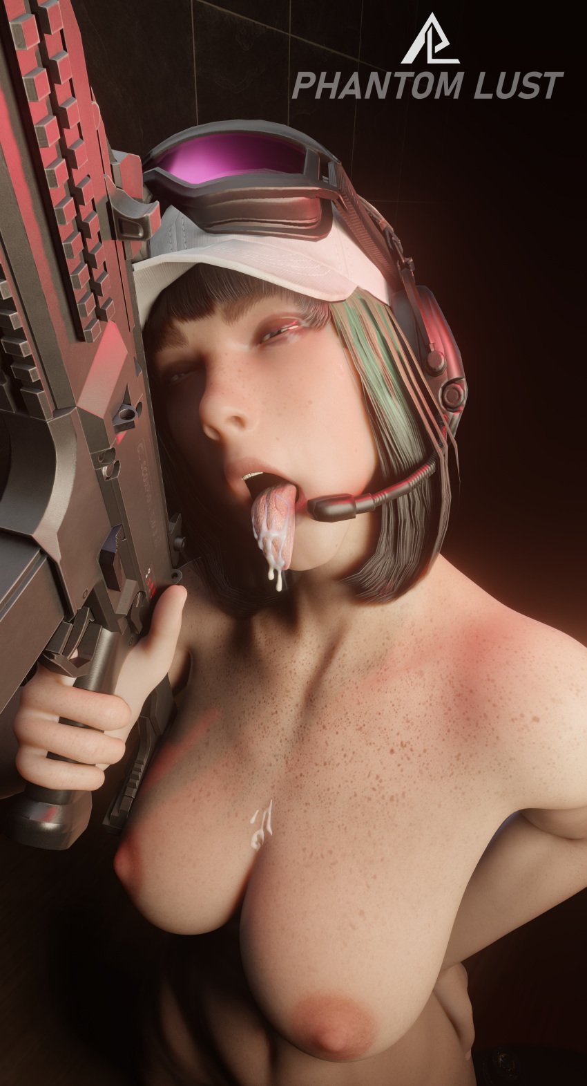 ahe_gao ahegao breasts close_up cum cum_on_breasts cum_on_tongue ela_(rainbow_six) ela_bosak female_only firearm freckles goggles_on_head green_hair gun headgear headwear phantomlust polish rainbow_six_siege rifle seductive tongue_out