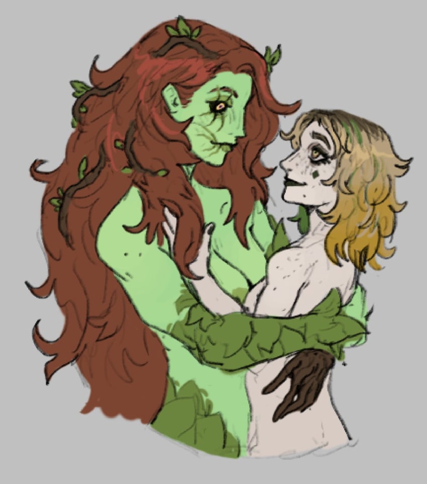 2girls black_sclera blonde_hair dc_comics green_skin harley_quinn naked naked_female pale-skinned_female poison_ivy red_hair runef1eld