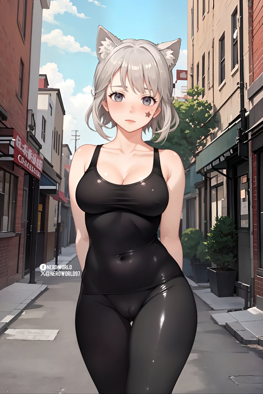 ai_generated black_leggings genshin_impact leggings lynette_(genshin_impact) small_breasts thick_thighs tight_clothing tight_top waifu