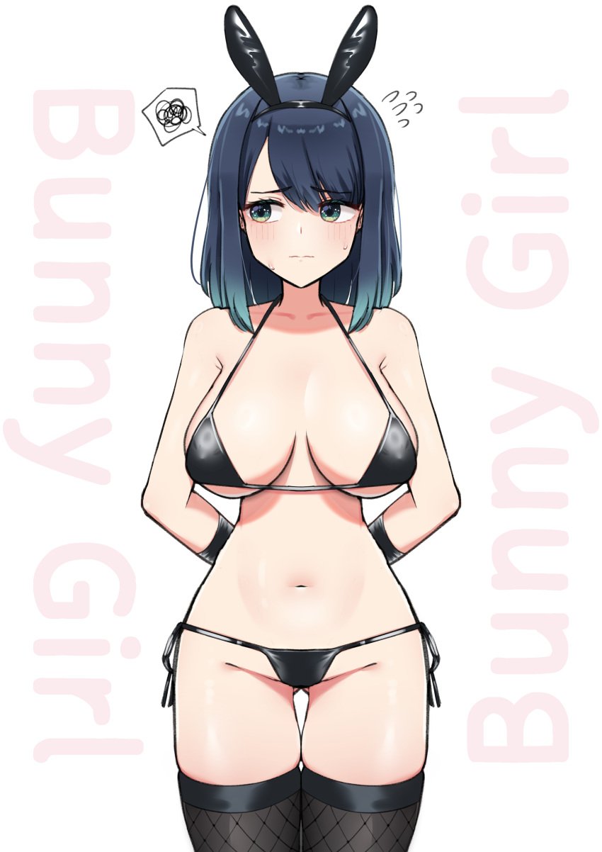 arms_behind_back ass_visible_through_thighs bare_arms bare_belly bare_shoulders belly_button big_breasts bikini black_bikini black_thighhighs blue_eyes blue_hair blush breasts bunny_ears cleavage closed_mouth collarbone female female_only fishnet_thighhighs fishnets groin kurokawa_akane medium_hair micro_bikini oshi_no_ko revealing_clothes side-tie_bikini_bottom sideboob skindentation spammayo stockings sweat sweatdrop thigh_gap thighhighs thighs underboob zettai_ryouiki