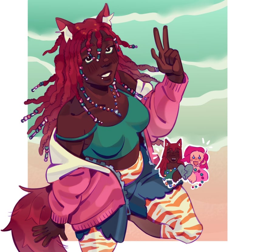 cute dark-skinned_female dark_skin dreads miserablegrip party_girl_(terraria) pink_clothing pink_jacket red_hair sweater terraria wolf_ears wolf_girl zoologist_(terraria)