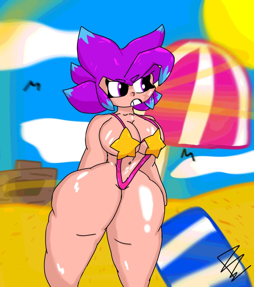 1girls beach big_breasts big_butt bikini brawl_stars female muslos purple_eyes purple_hair shelly_(brawl_stars) squad_busters squad_busters_shelly thick_ass thick_thighs thighs_bigger_than_head thighs_together