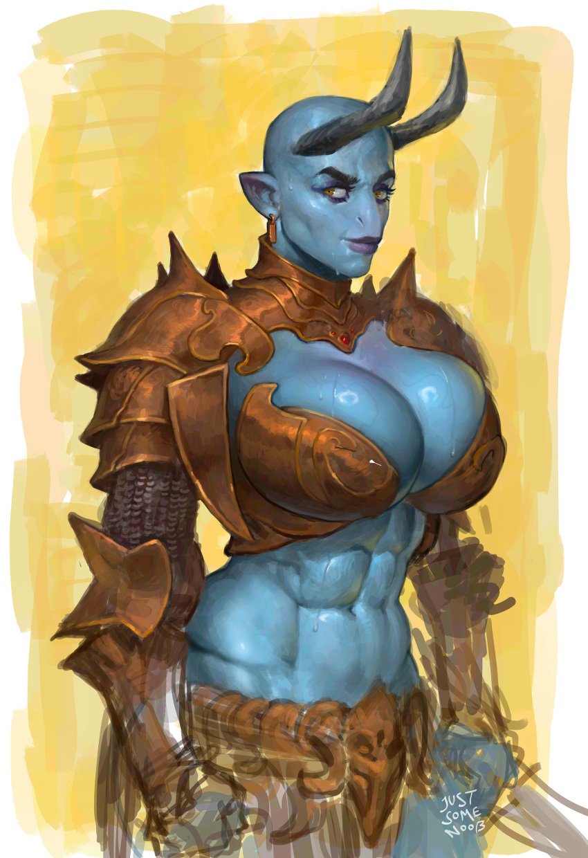 abs armor armored_female artistic artistic_nudity big_breasts digital_drawing_(artwork) digital_painting_(artwork) female_focus female_only impractical_armor justsomenoob large_breasts muscles muscular muscular_male nonhuman nonsexual nonsexual_nudity pinup six_pack solo_female solo_focus tasteful tasteful_nudity toned_female