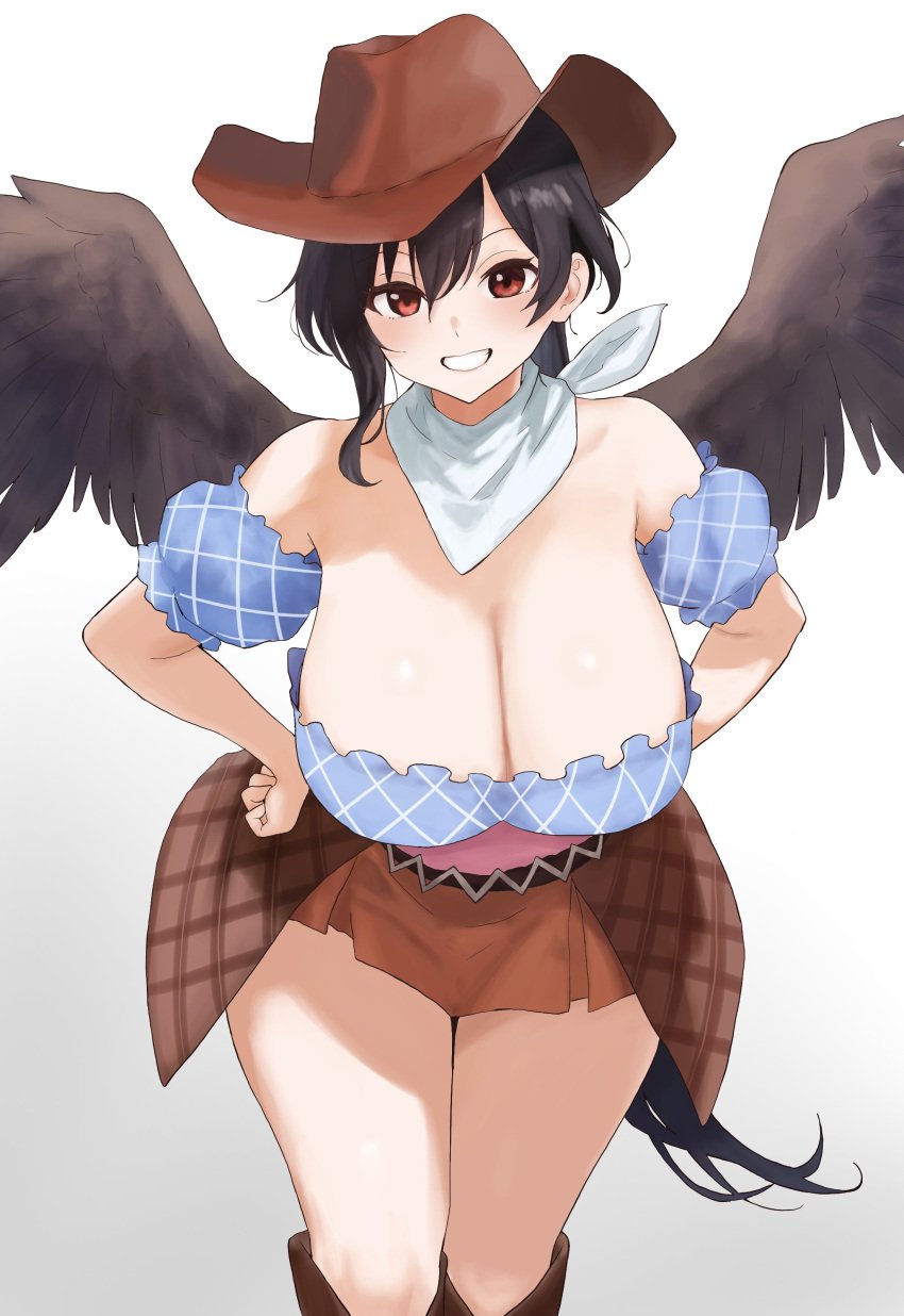 1girls 2d bare_shoulders bent_forward big_breasts black_hair breasts cleavage cowboy_hat female hands_on_hips hat hips horse horse_girl humanoid kurokoma_saki long_hair looking_at_viewer moriforest1040 open_mouth pegasus pegasus_wings ponytail red_eyes saki_kurokoma shiny_skin shoes short_sleeves skirt smile solo source standing tied_hair topwear touhou white_background wide_hips wings